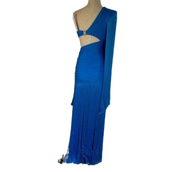PatBO One Shoulder Fringe Maxi Dress in Cobalt Blue 2 New Womens Long Gown - Picture 5 of 16